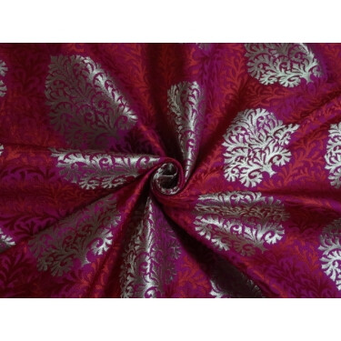 Pure Heavy Silk Brocade Fabric Pink,Red &amp; Metallic Gold color