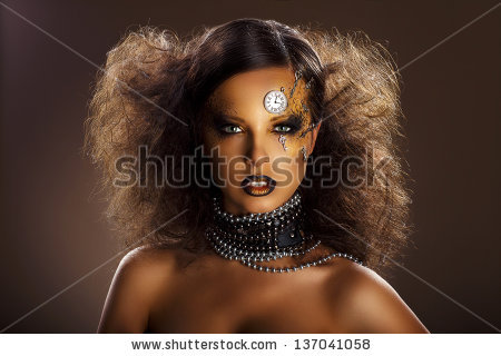 Fantasy. Bronze Face of Beautiful Woman with Silver Watch and Keys. Art - stock photo