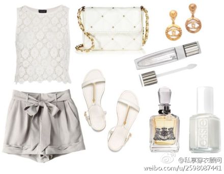 蕾丝砍袖上衣： Topshop；鞋： Tory Burch；包： Juicy Couture；耳环：chanel