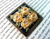 Cluster of Embroidered Silk Ribbon Roses Brooch on Upcycled Blue Silk Fabric