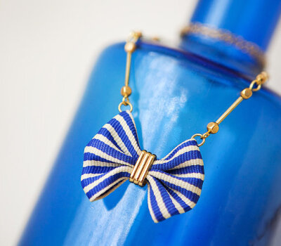 Blue and White Ribbon bow necklace vintage chain nautical style
