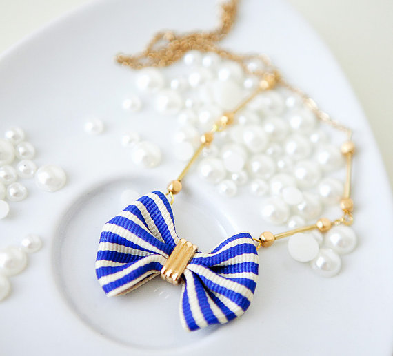 Blue and White Ribbon bow necklace vintage chain nautical style