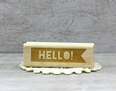 Hello Banner Rubber Stamp: Wood Mounted - Flag, Modern Typography, Black, DIY Gift Tags, Men