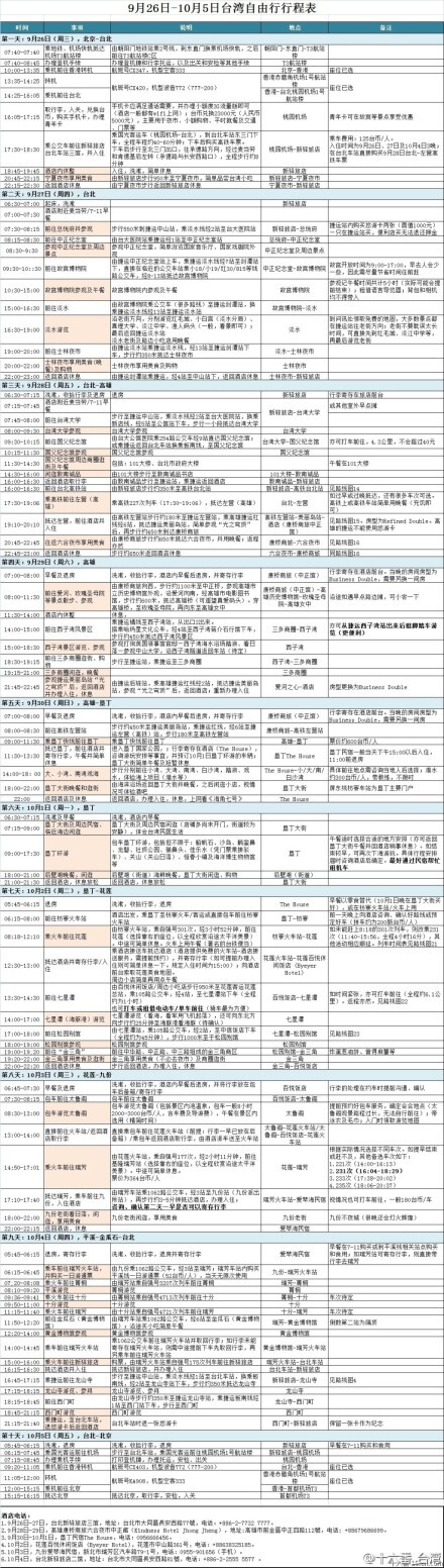 台湾详细日程表分享