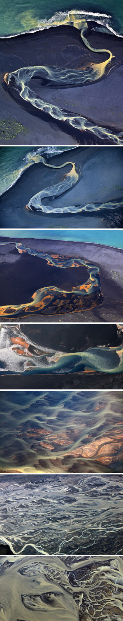你可能很难相信以下是真实拍摄的图片而非绘画，这是在冰岛从空中拍摄的火山地区河流，水流蜿蜒流过黑色的火山沙，最后进入大海。俄罗斯摄影师Andre Ermolaev说，“真正让我触动的是火山地区的航拍，这些河流有着难以…