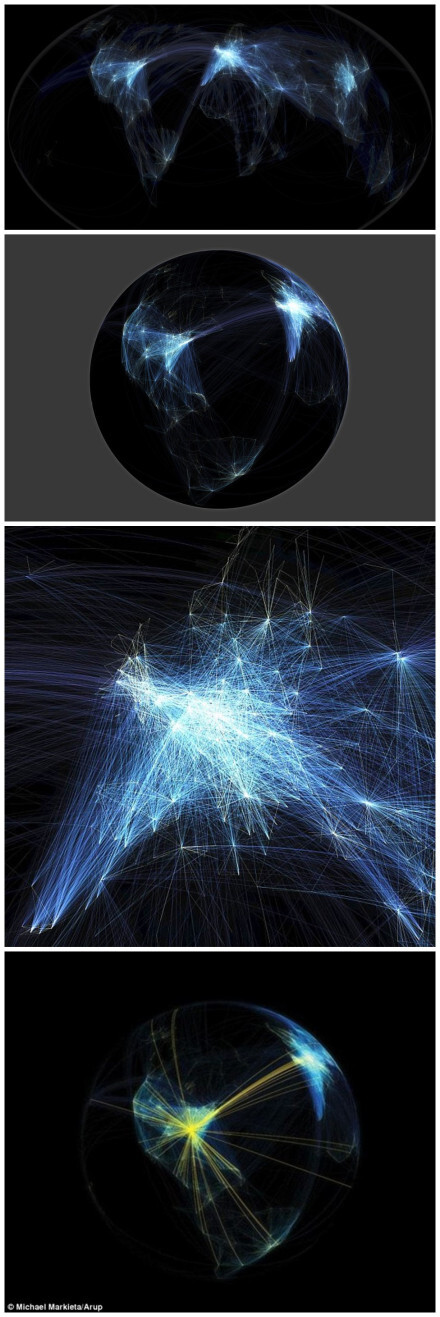 下图为加拿大交通规划师Michael Markieta的创意，将全球58000多个架次航班的航线图用蓝色的光描绘了出来，如梦似幻。