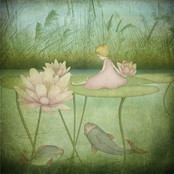Thumbelina - Little girl sailing around among the pink water lilys - Illustration pastel print (4.7x4.7)