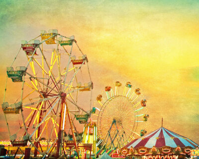 Carnival Photography - Midway Sunset - carnival summer Ferris wheel county fair textured teal green sky carousel nursery decor 8x10