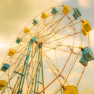 Ferris wheel photography - carnival art - nursery decor - teal blue mustard yellow circus print - 5x5 photograph