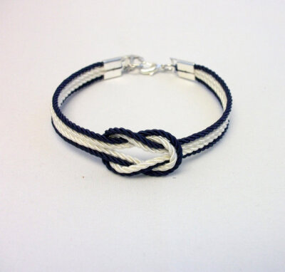 Navy blue and ivory knotted nautical rope bracelet with silver anchor charm