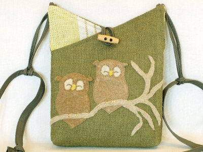 SALE Linen Tote Bag Owl Shoulder Bag Recycled Linen Purse Laptop Bag Moss Green Owl Applique Adjustable Leather Strap Upcycled Eco Friendly