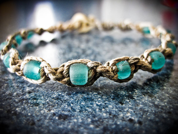 Natural Blue Glass Hemp Bracelet