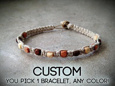 You Pick 1 Custom Wood Bead Hemp Bracelet