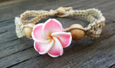 Hemp Bracelet, Eco Friendly, Polymer Clay Flower, Plumeria, Macrame Bracelet, Surf Jewelry