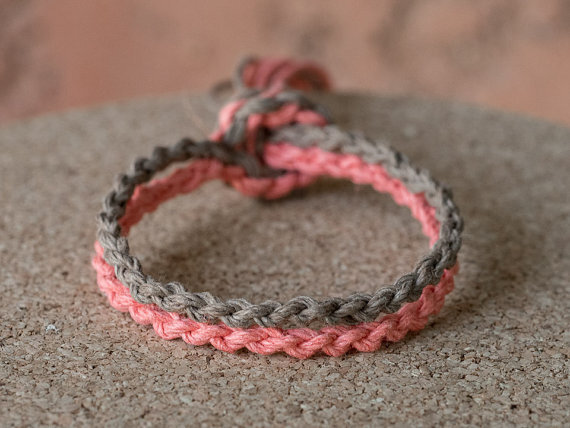 Double Hemp Bracelet, Coral Hemp Bracelet, Brown Hemp Bracelet, Braided Hemp Bracelet