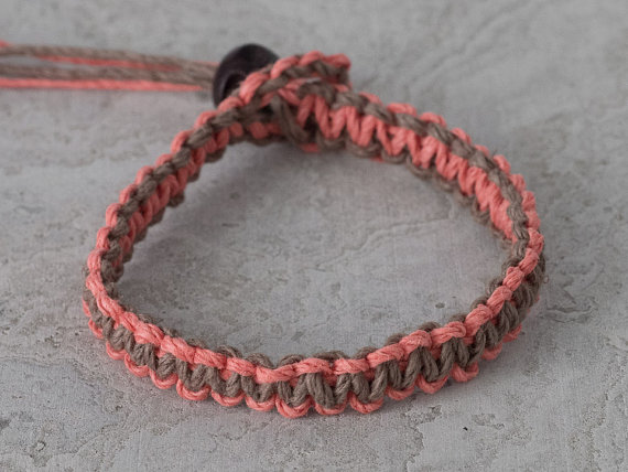 Reversible Hemp Bracelet, Coral and Brown Hemp, Eco Friendly Jewellery