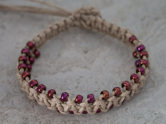 Iridescent Hemp Bracelet, Beaded Bracelet, Pink Beads, Boho Style Jewelry