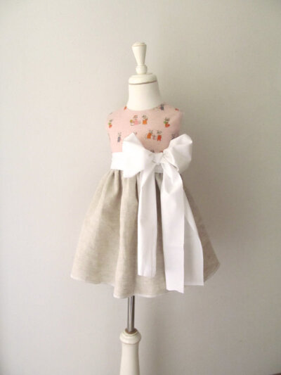 Pretty Linen dress with White Bow Sash - Little Mice at Work - Girls Linen Summer Dress