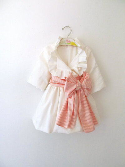 Ivory Pleated Jacket with Pink Stripe Sash