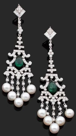 Pearl, diamond, and emerald earrings