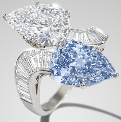 Bulgari diamond and blue diamond crossover ring, 1960. Via Diamonds in the Library.