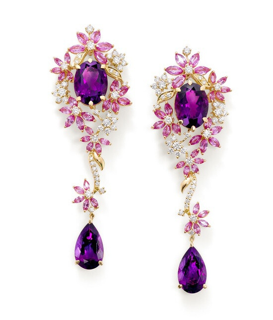 Earrings set with pink sapphires, purple amethysts and diamonds from Ganjams new Le Jardin collection.