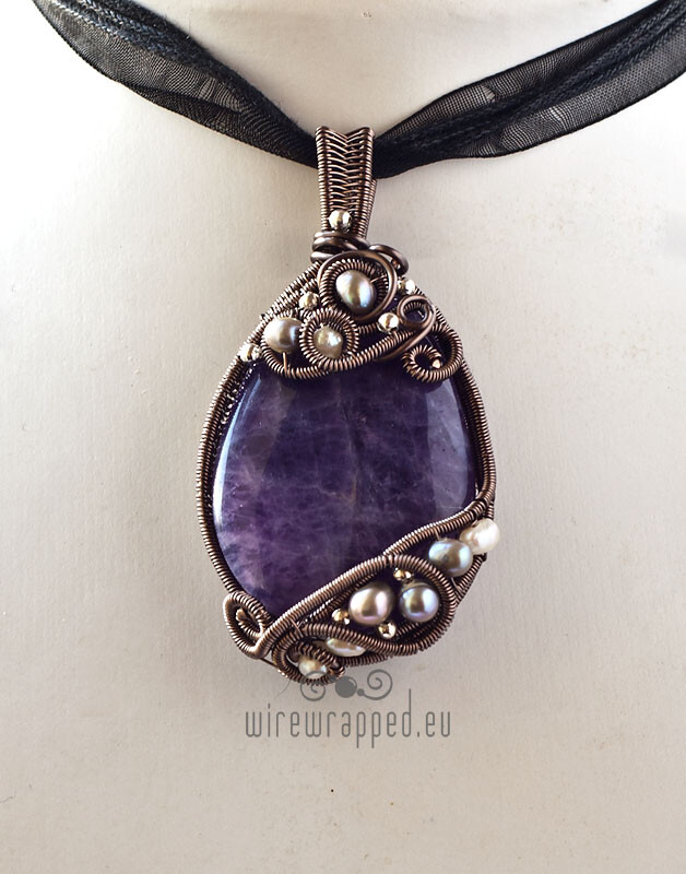 Amethyst and pearls wire wrapped pendant