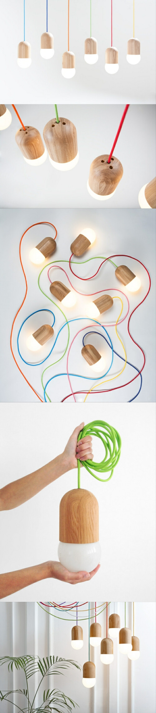 「灯豆（LightBean）」是由来自俄罗斯莫斯科的产品设计师Katerina Kopytina设计的一款吊灯，灯罩采用当地的橡木制作，表面涂有天然油，圆形的灯泡既是光源，也成为整个吊灯不可或缺的一部分，和灯罩构成一粒豆子。 黑色、木色两种颜色可选，灯绳有12种颜色可选。多个吊灯组合，和其它室内植物搭配在一起，仿佛从树上结下的果实。