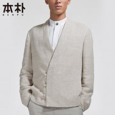 本朴2013春装新款新中式汉服款盘扣亚麻男装休闲夹克外套纯色上衣