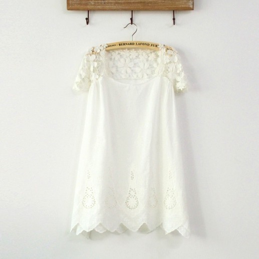 原单拼接镂空钩花清新纯色衬衫罩衫 日系森林森女甜美宽松上衣 夏