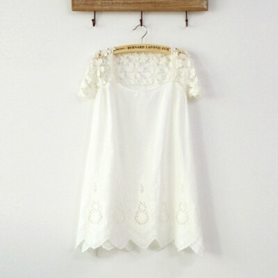 原单拼接镂空钩花清新纯色衬衫罩衫 日系森林森女甜美宽松上衣 夏