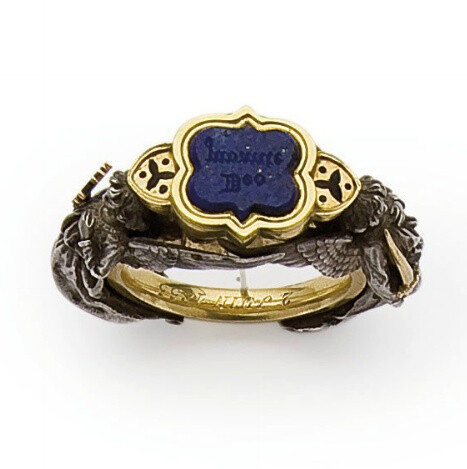 A LAPIS LAZULI, SILVER AND GOLD SEAL RING, engraved inside June 2, 1853