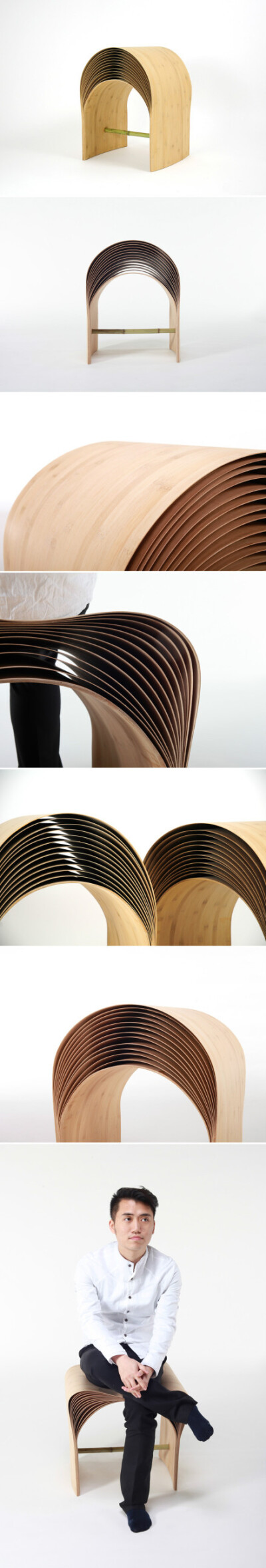 陈旻设计的“杭州凳”，用16片0.9毫米的竹片制作，凳腿竹片胶合提供抗压力，凳面竹片发散提供柔软座感，几乎完美的力学构造。