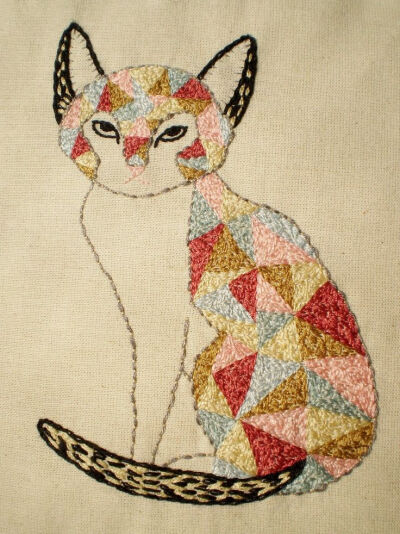 geometric cat . linen + embroidery (cushion detail)