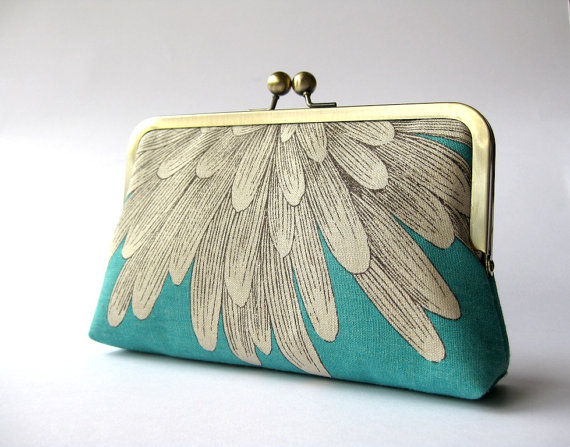 Chrysanthemum silk lined aqua floral clutch, Bag Noir, Bridesmaid clutch, Weddings bride formal clutch purse