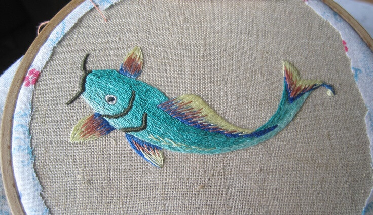 Fish embroidery. fabric - vintage linen, threads 1950s