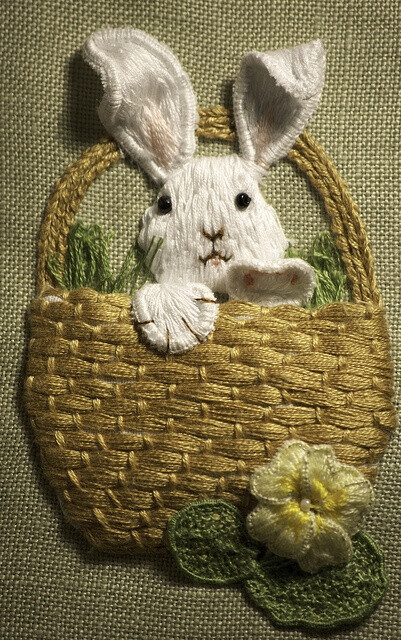 Stumpwork embroidery Rabbit in a Basket by Cross Duck, via Flickr
