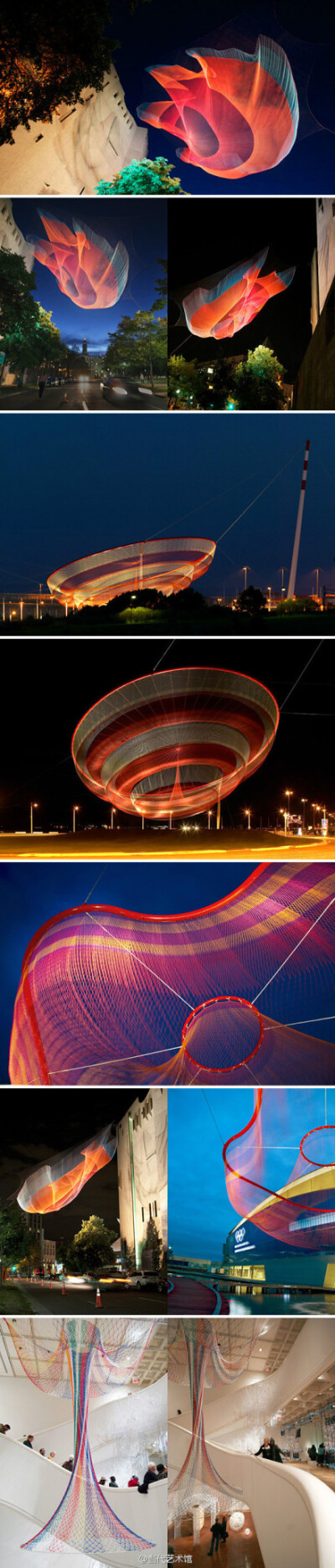 【雕塑/装置】美国艺术家 Janet Echelman 的空中漂浮装置作品「Water Sky Garden」（空中水花园），柔软通透，可随风的运动而自由改变形体，配合灯光，炫目灵动。