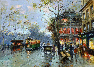 Antoine Blanchard油画欣赏-巴黎街景.
