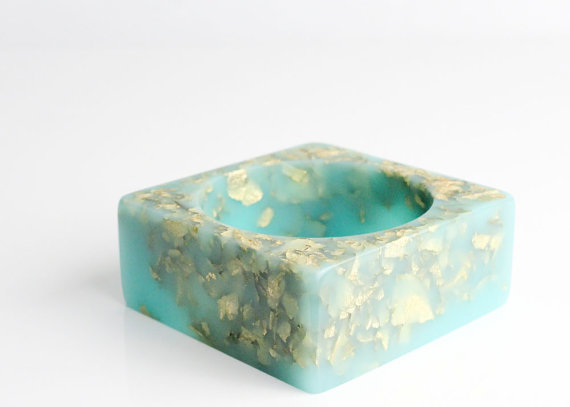 turquoise statement bangle eco resin square bracelet with suspended gold leaf