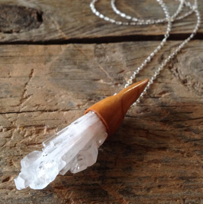 River Wood &amp; Scolecite Crystal Pendant Necklace