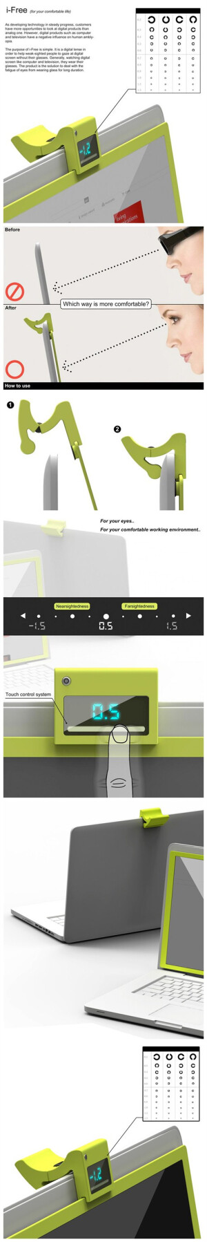 电脑、电视等数码产品对人的眼睛伤害非常大，所以对于一些要长时间面对电脑工作的人而言，保护眼睛的设备非常必要。而又有什么方法可以让人们不用戴眼镜就可以保护眼睛呢？  2013 IF Design Award获奖作品i-Free是由Ryan Jongwoo Choi设计的，它将会根据你的视力情况校正屏幕的图像，也可以帮助弱视的人不用带眼镜也可以正常地看屏幕，解决了戴眼镜的的疲劳。  当今数码产品风靡全球，保护视力应当早日提上议事日程。