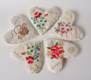 hens teeth art: Embroidery Textile Heart Brooches