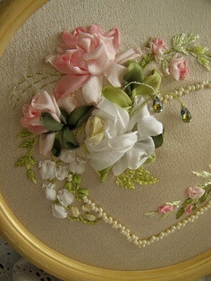 Ribbon embroidery with pearl beads