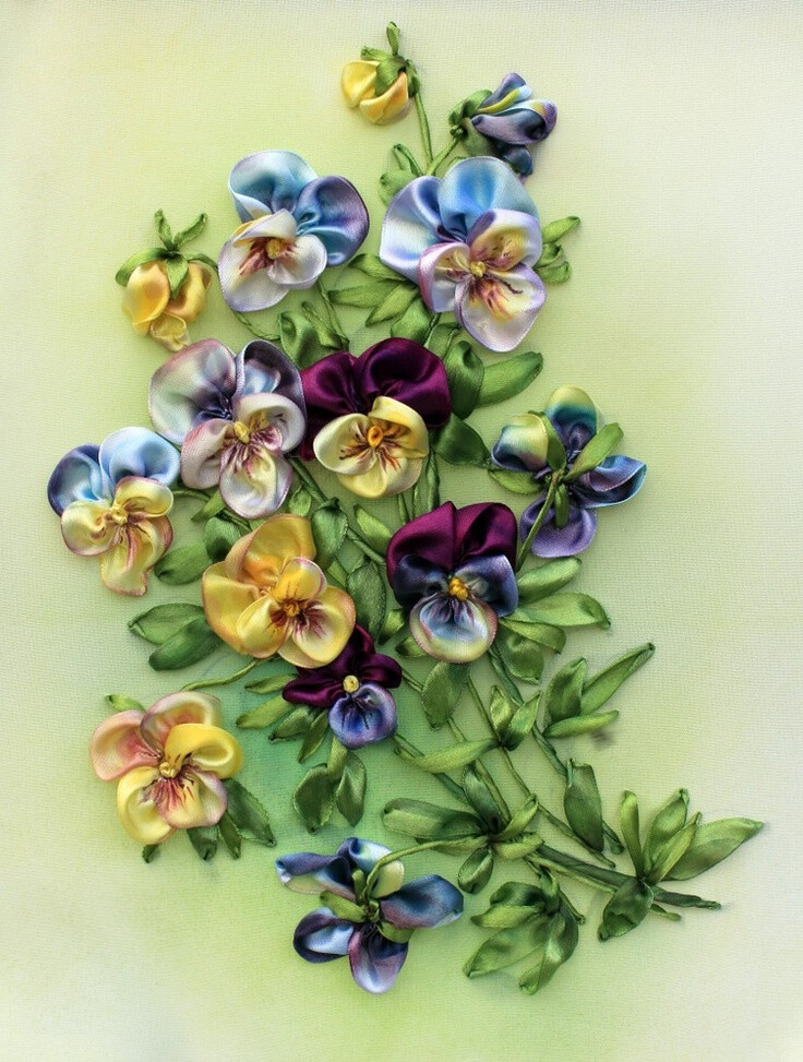 silk ribbon embroidered pansies