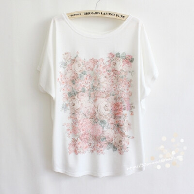 2013年夏季新款女t恤 日系小清新宽松蝙蝠短袖玫瑰印花简约t恤