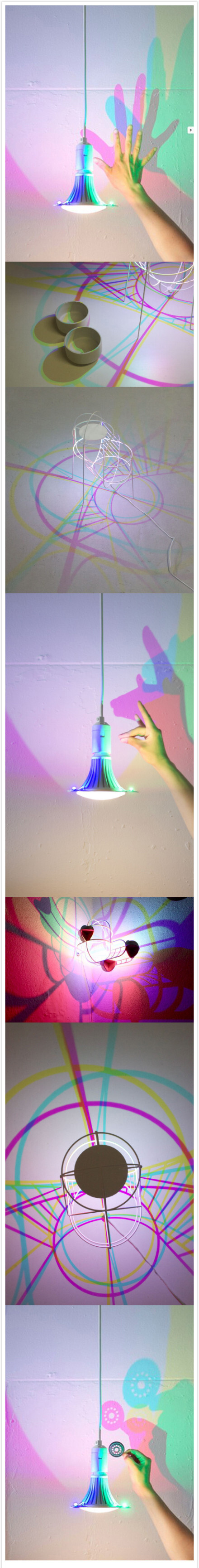 #v觉炫酷创意# CMYK四色分光LED灯，让影子不再是属于黑色的单调，也可以华丽丽的多姿多彩。设计师Dennis Parren用一只普通LED灯泡和一组四色LED灯泡完成了这个创意，在墙壁和屋顶上形成LED灯影的奇幻美学。 寻物链接：www.vjue.com/gyc/qita/home/