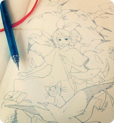 Kiki&amp;#8217;s Delivery Service WIP!  drawing while listening to Joe Hisaishi&amp;#8217;s amazing live orchestra performances. Kiki&amp;#8217;s was the first Ghibli film that I watched way back then…