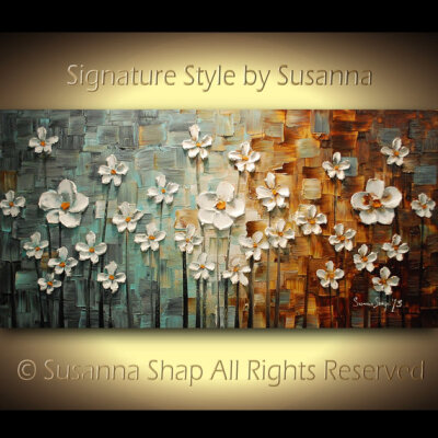 ORIGINAL Contemporary Landscape Art White Flowers Painting Textured Modern Brown Blue Oil Painting by Susanna Ready to Hang 48x24