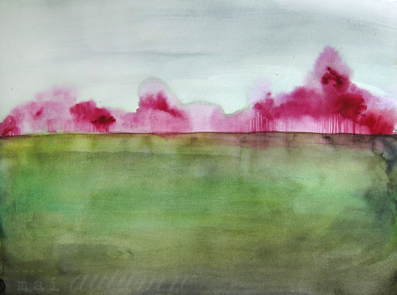 Landscape Painting - Grace - Wall Art - Trees Field Country Art - Original Watercolor Painting - Wall Decor - 18x24 - Magenta Green Blue